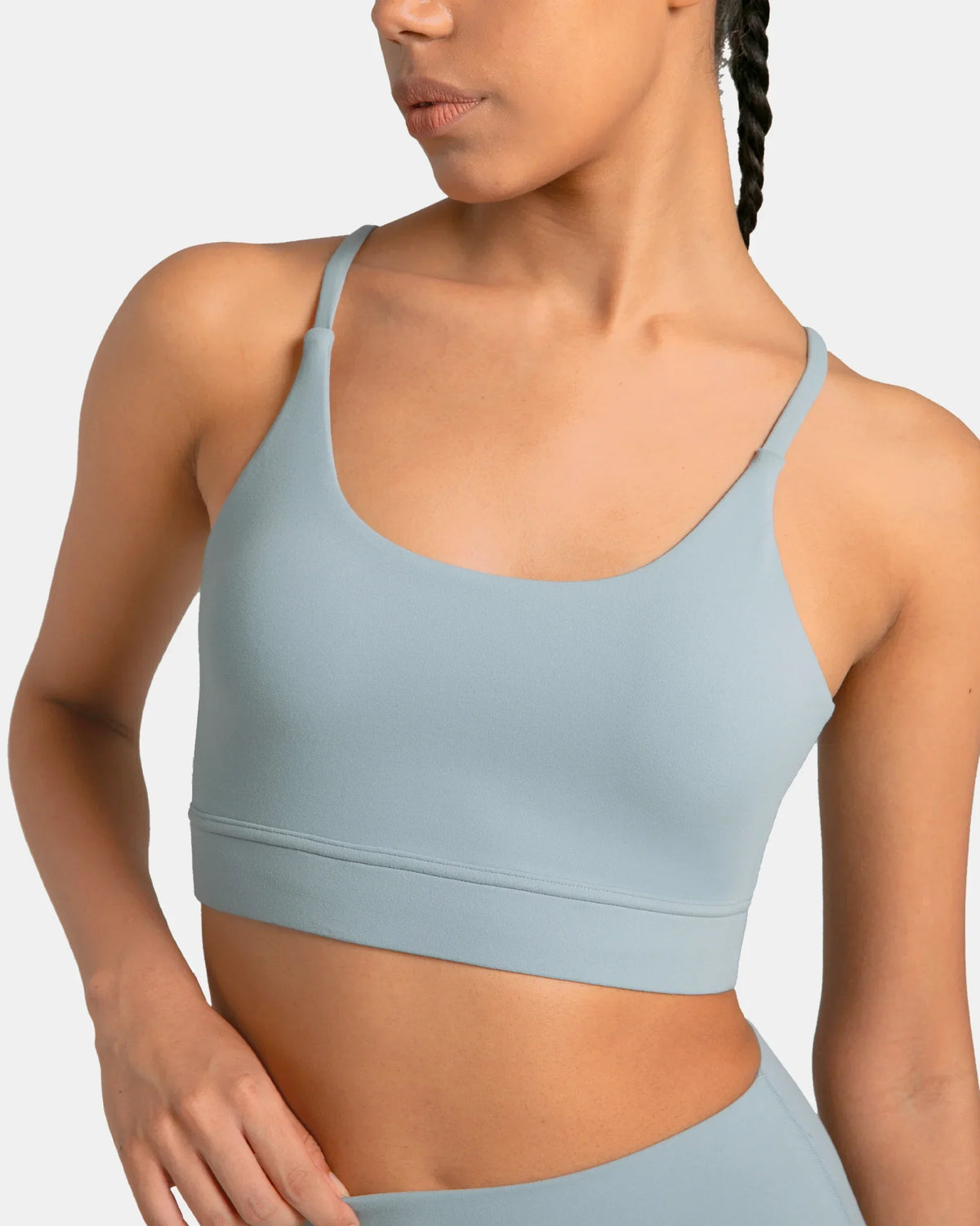 Dreamlux® Strappy Sports Bra w/ Bowknot Back — Faded Denim