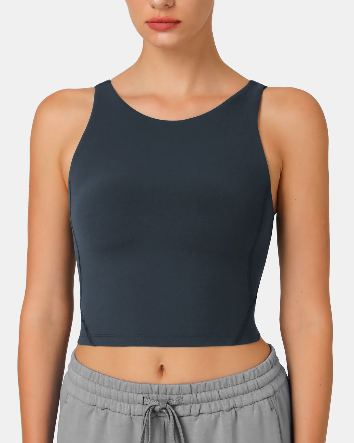 Dreamlux® High Neck U-Back Tank Top w/ Removable Padded Cups — Blue Ink