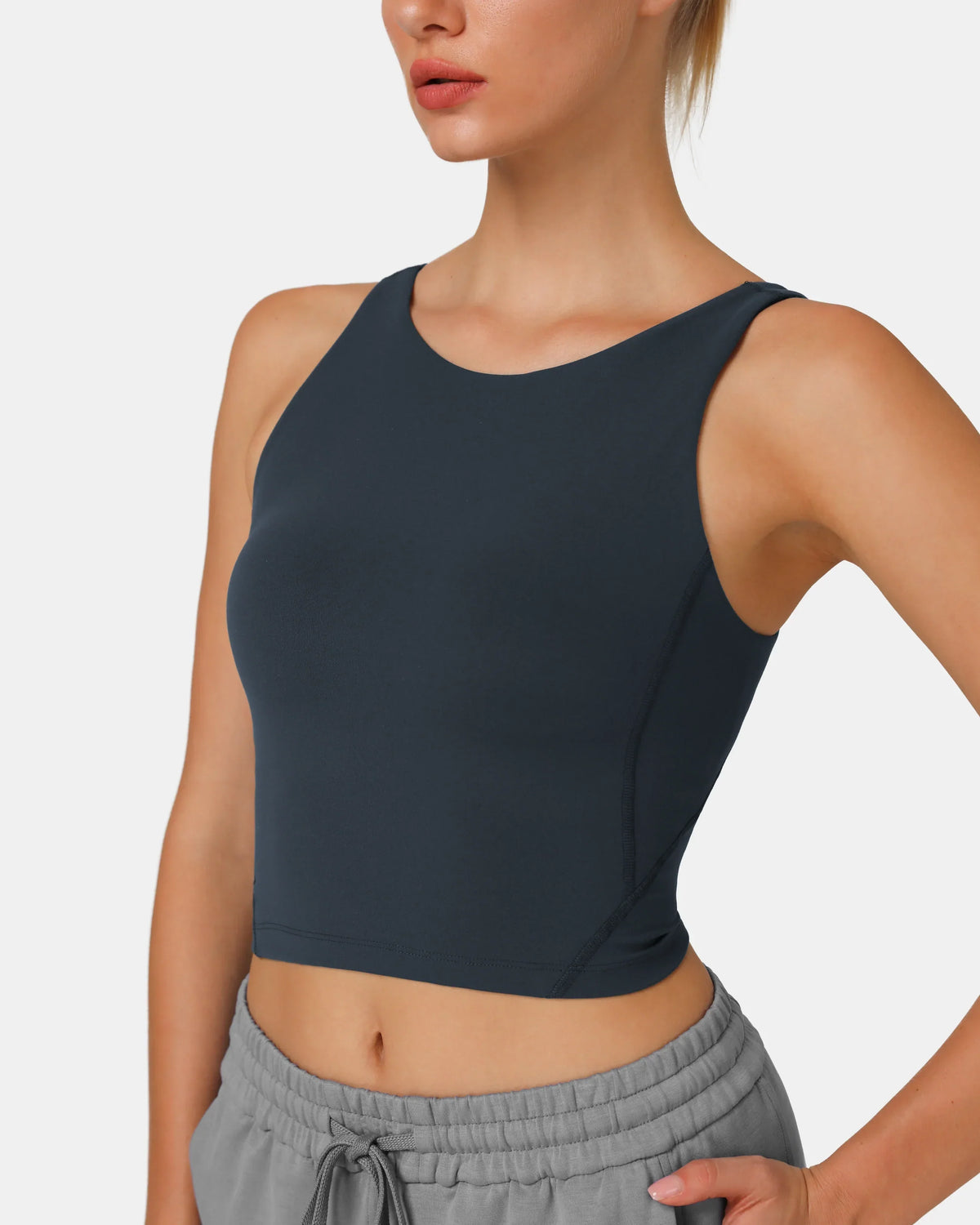 Dreamlux® High Neck U-Back Tank Top w/ Removable Padded Cups — Blue Ink