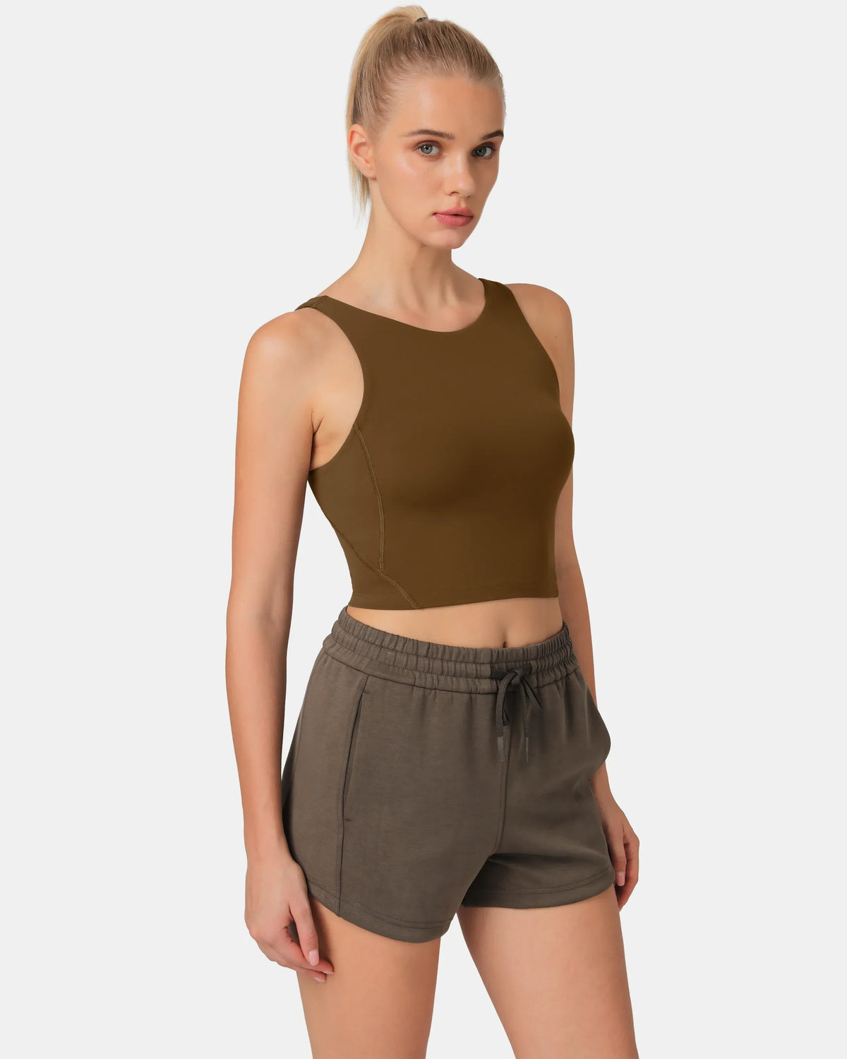 Dreamlux® High Neck U-Back Tank Top w/ Removable Padded Cups — Cocoa