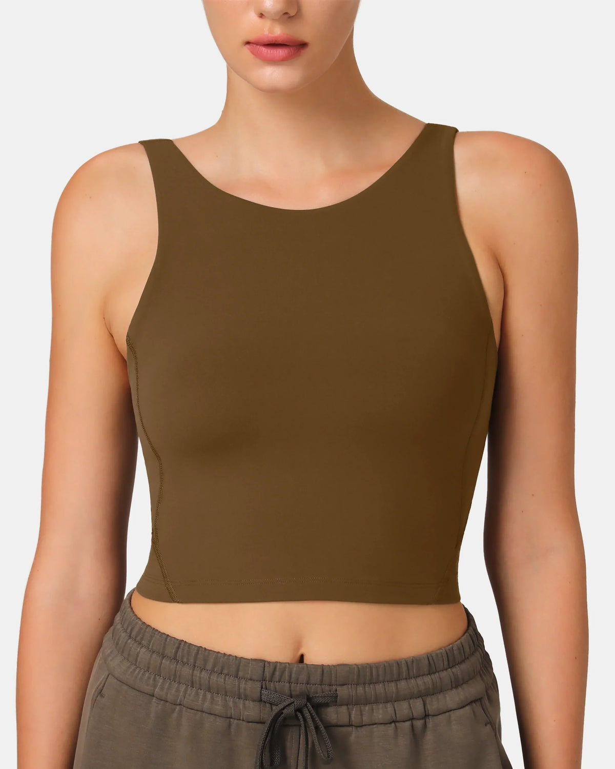 Dreamlux® High Neck U-Back Tank Top w/ Removable Padded Cups — Cocoa