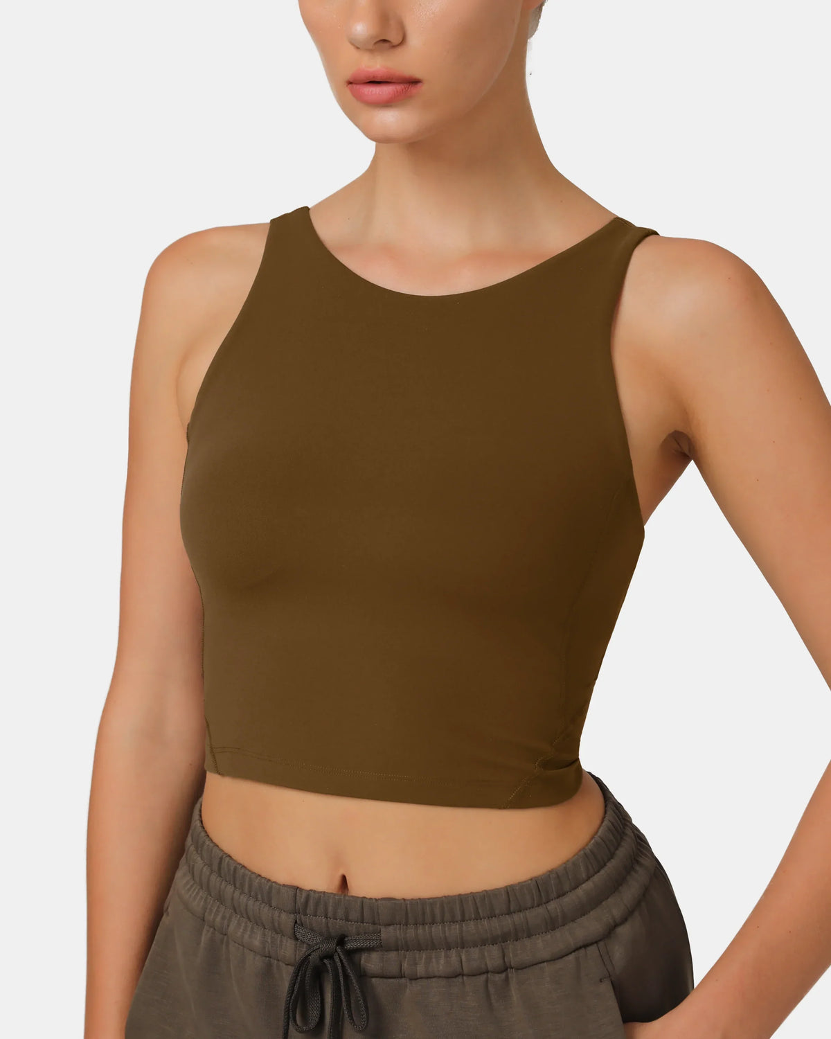 Dreamlux® High Neck U-Back Tank Top w/ Removable Padded Cups — Cocoa