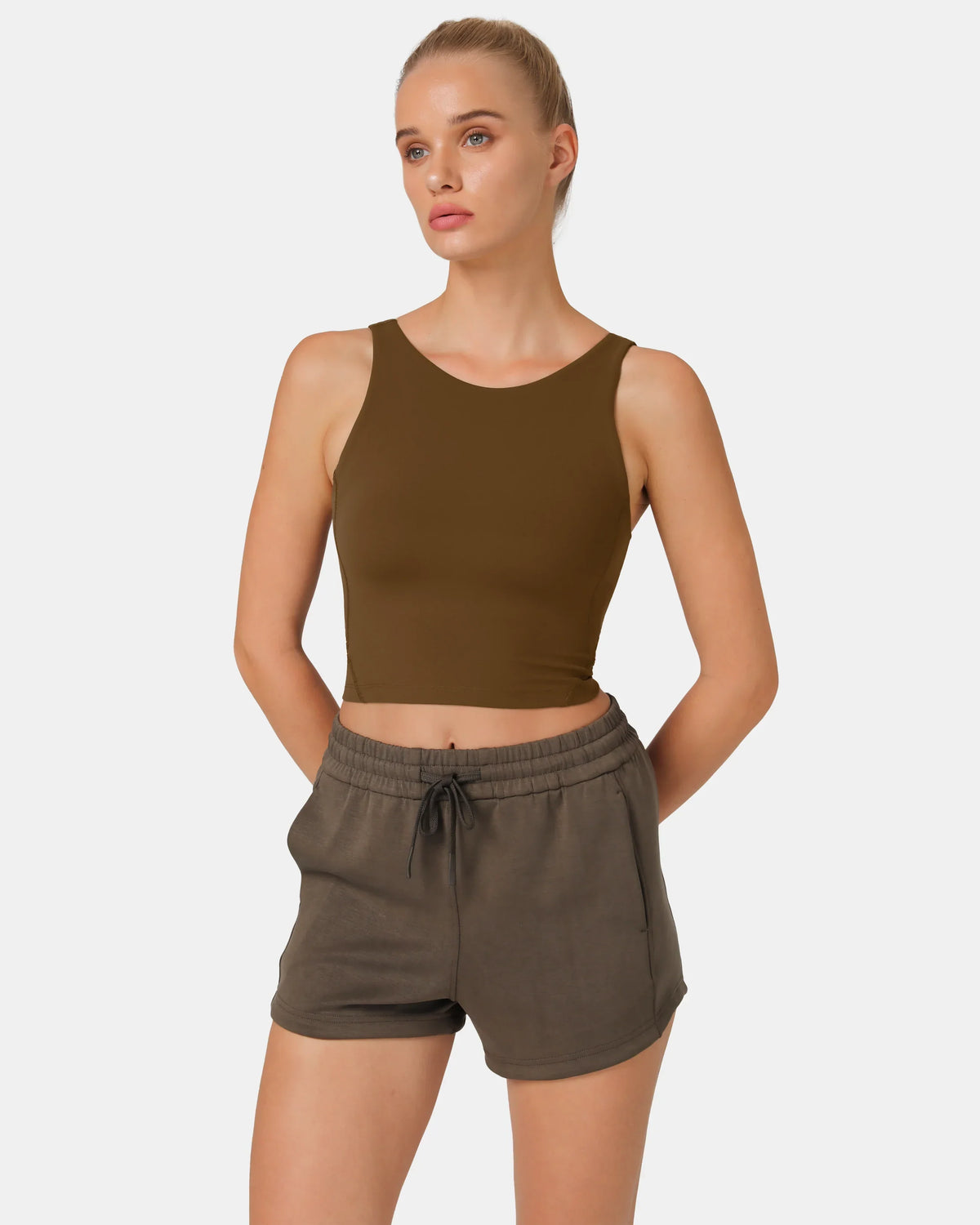 Dreamlux® High Neck U-Back Tank Top w/ Removable Padded Cups — Cocoa