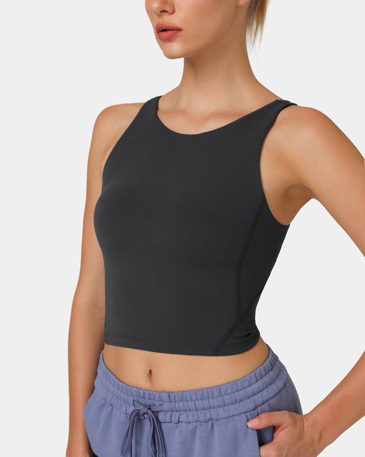 Dreamlux® High Neck U-Back Tank Top w/ Removable Padded Cups — Dark Carbon