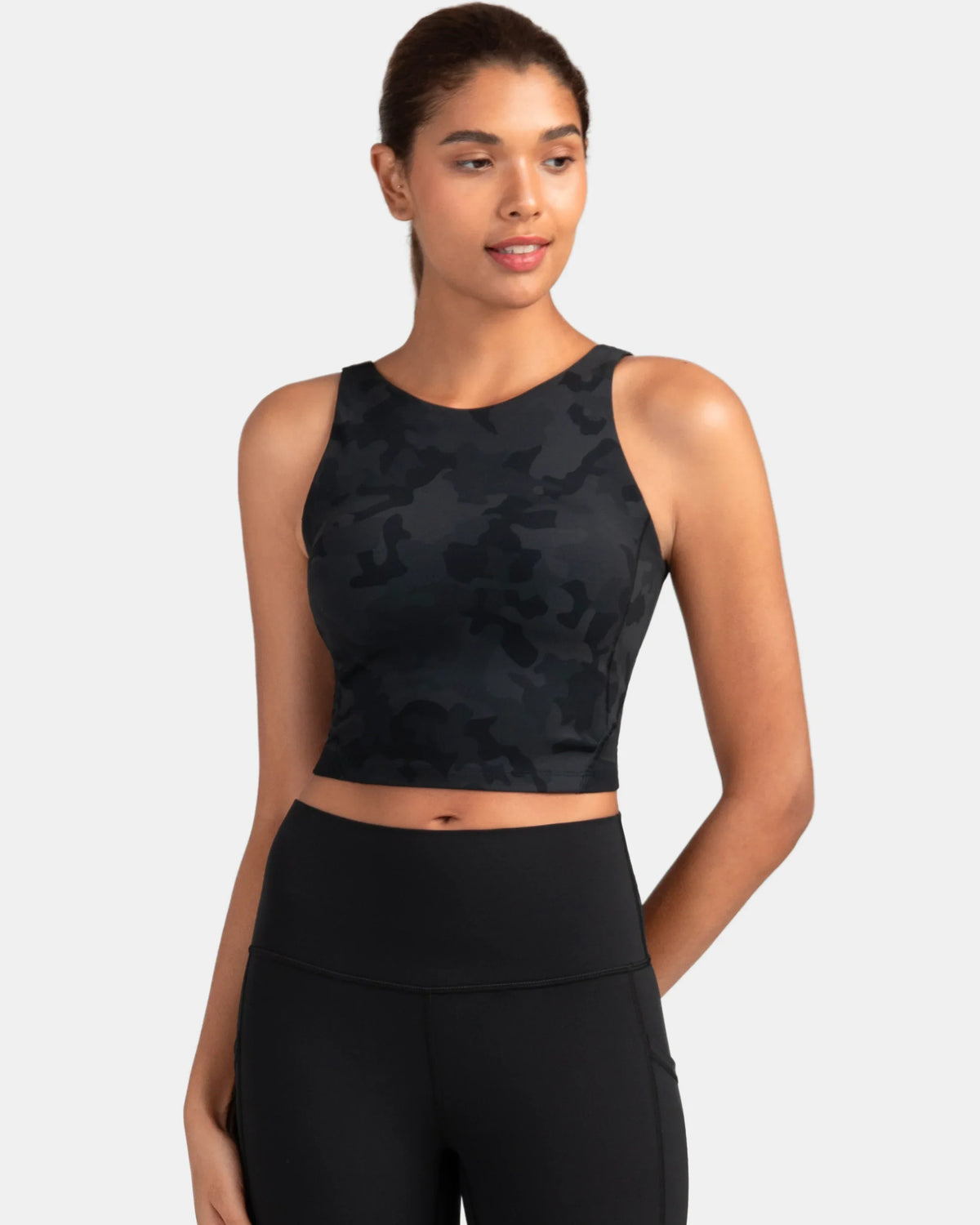Dreamlux® High Neck U-Back Tank Top w/ Removable Padded Cups — Grey Camouflage