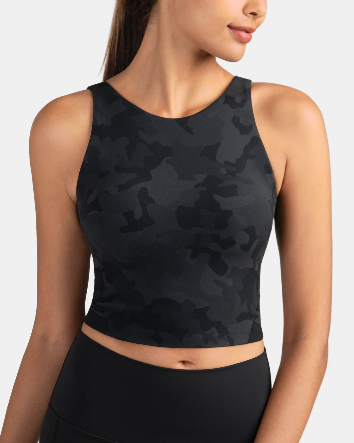 Dreamlux® High Neck U-Back Tank Top w/ Removable Padded Cups — Grey Camouflage