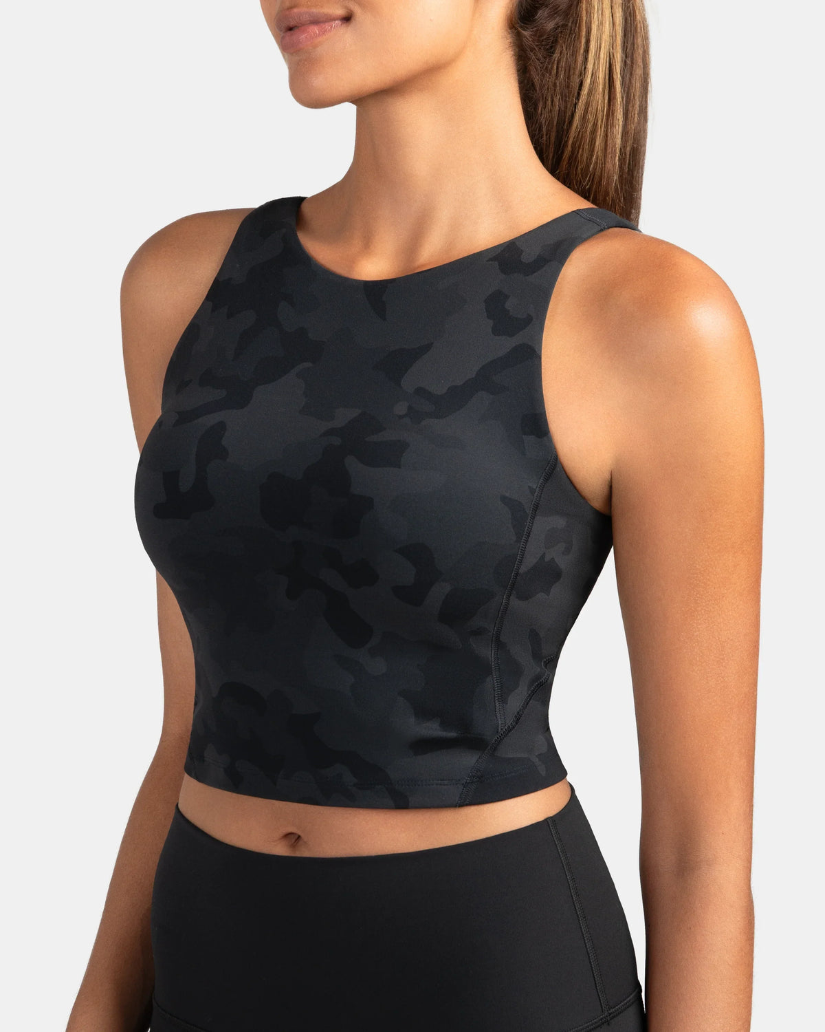 Dreamlux® High Neck U-Back Tank Top w/ Removable Padded Cups — Grey Camouflage