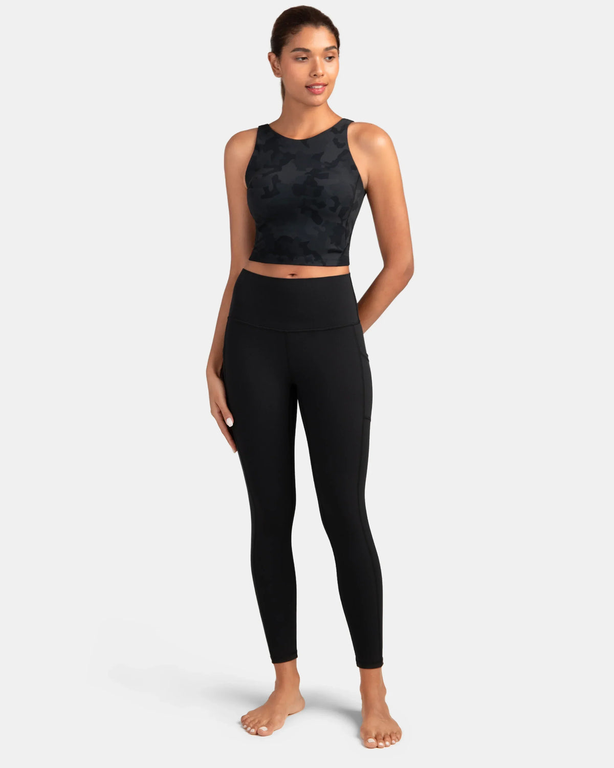 Dreamlux® High Neck U-Back Tank Top w/ Removable Padded Cups — Grey Camouflage