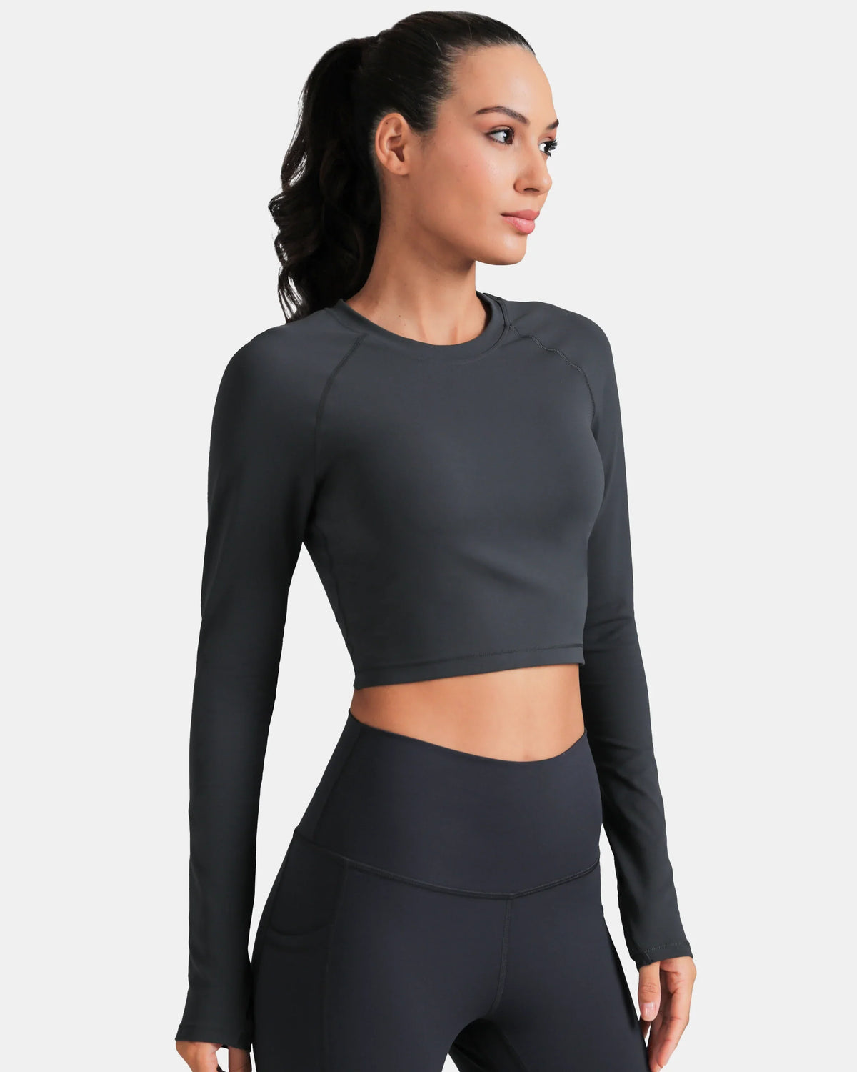Dreamlux® Long Sleeve Cropped Workout Shirt — Dark Carbon