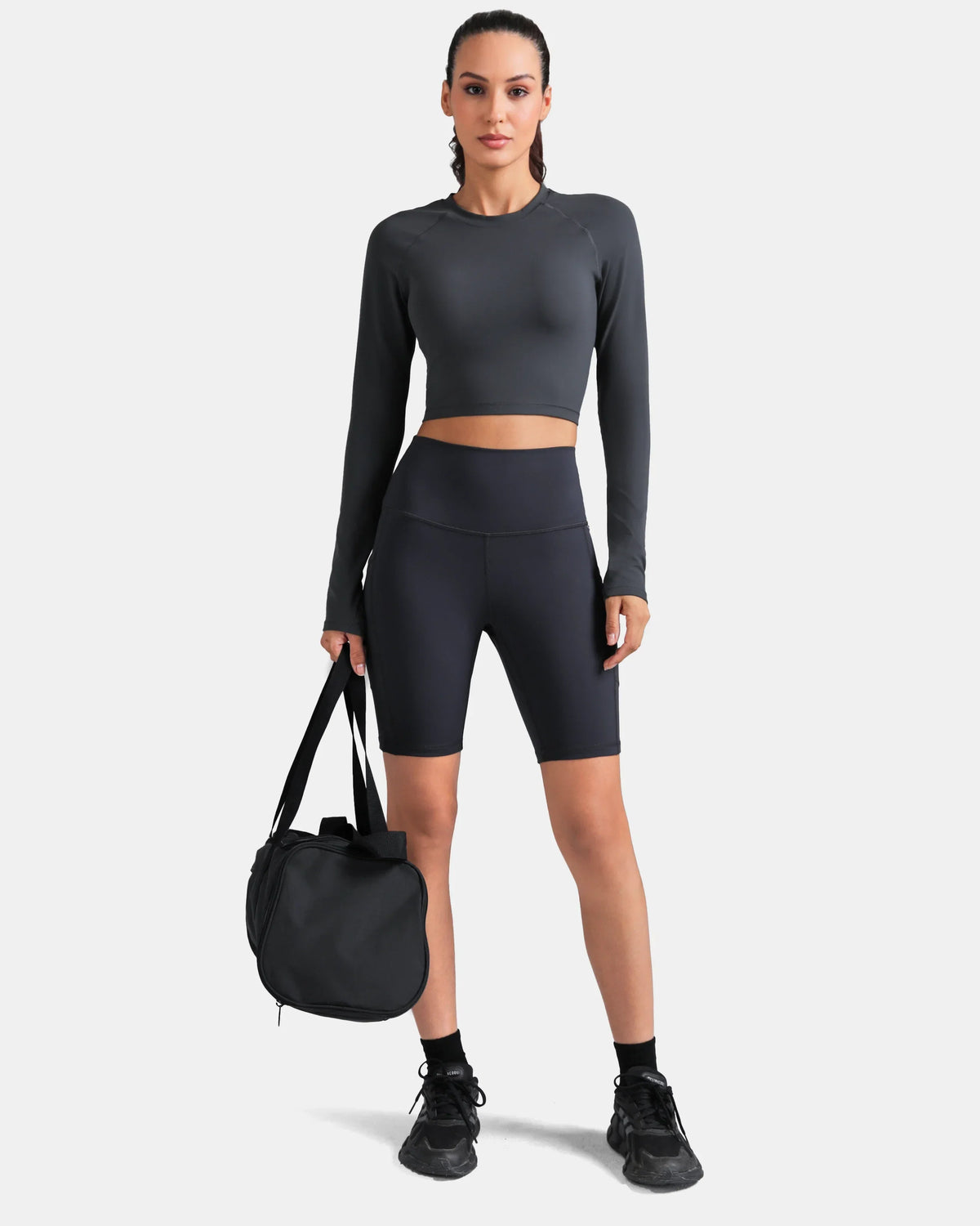 Dreamlux® Long Sleeve Cropped Workout Shirt — Dark Carbon