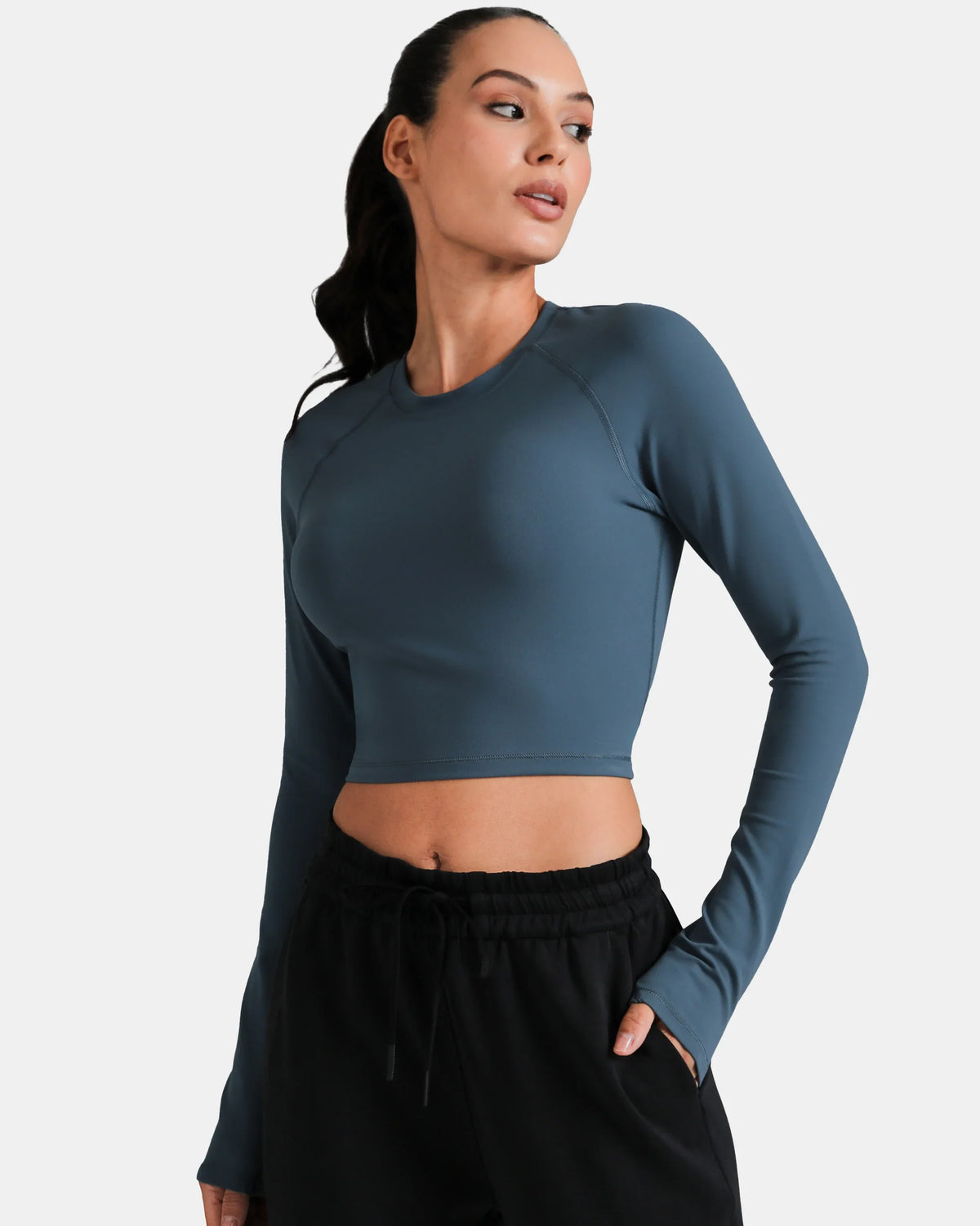 Dreamlux® Long Sleeve Cropped Workout Shirt — Dark Jasper