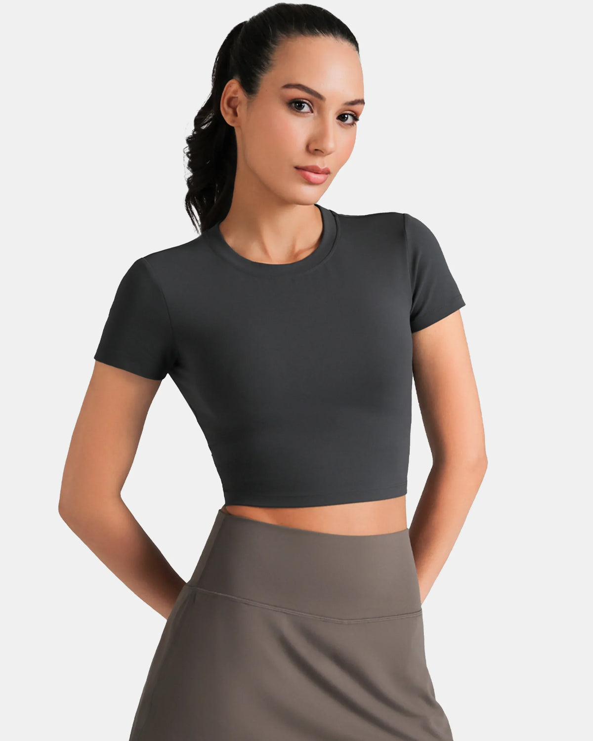 Dreamlux® Short Sleeve Cropped Workout Shirt w/ Crisscross Back — Black