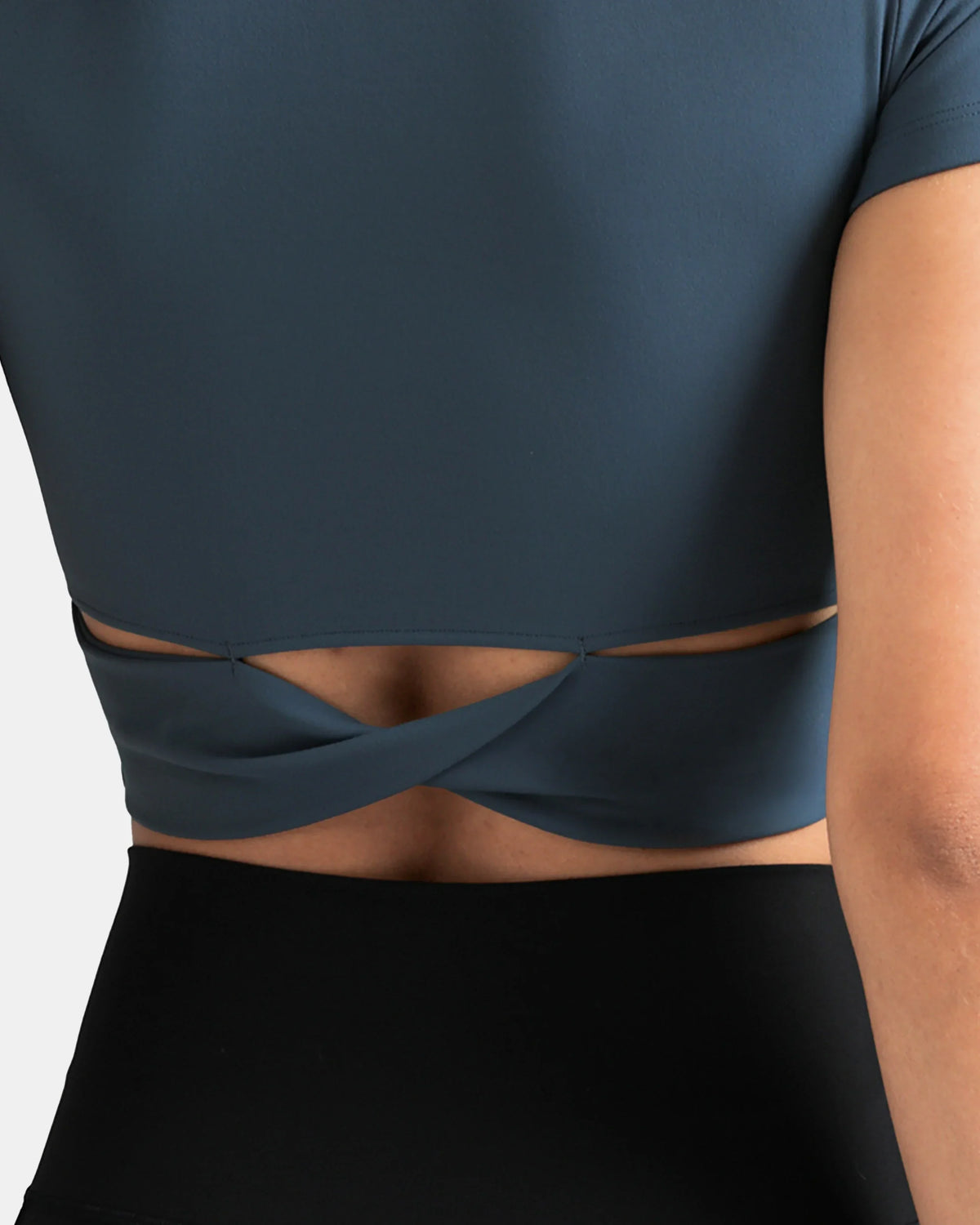 Dreamlux® Short Sleeve Cropped Workout Shirt w/ Crisscross Back — Dark Jasper