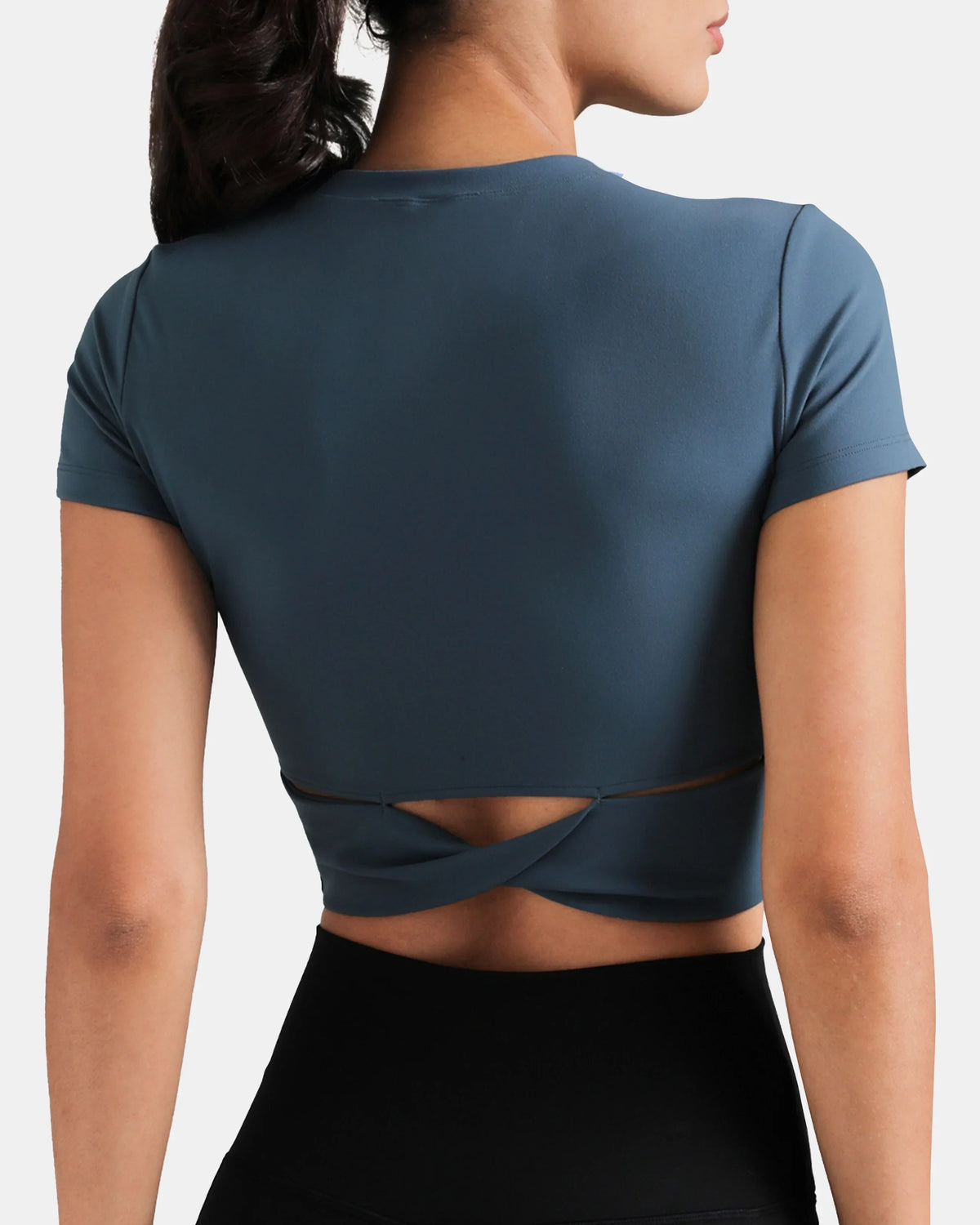 Dreamlux® Short Sleeve Cropped Workout Shirt w/ Crisscross Back — Dark Jasper