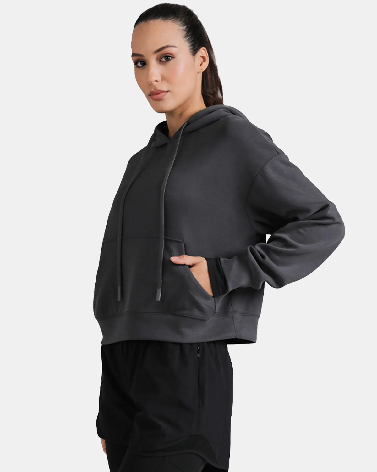 Velvra® Modal Cropped Pullover Hoodie — Dark Carbon