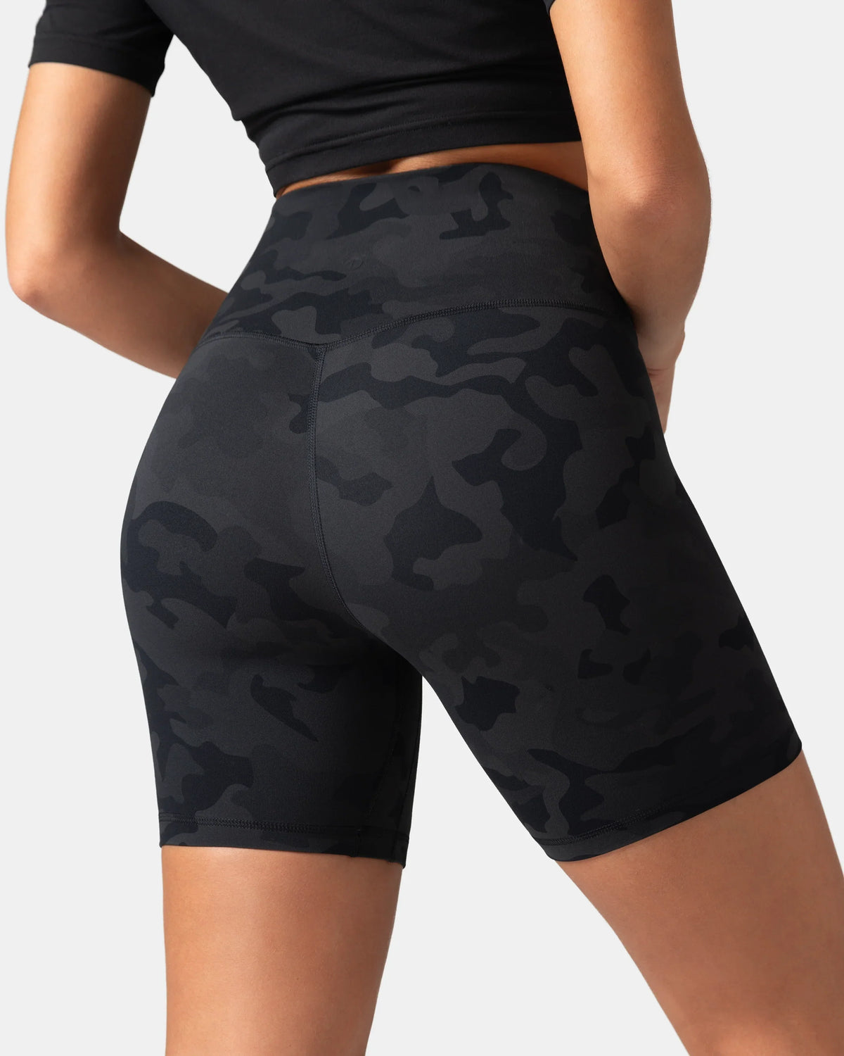 Dreamlux® High Waisted No Front Seam 6" Workout Short — Grey Camouflage