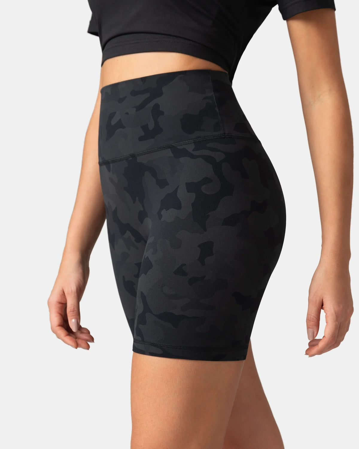 Dreamlux® High Waisted No Front Seam 6" Workout Short — Grey Camouflage