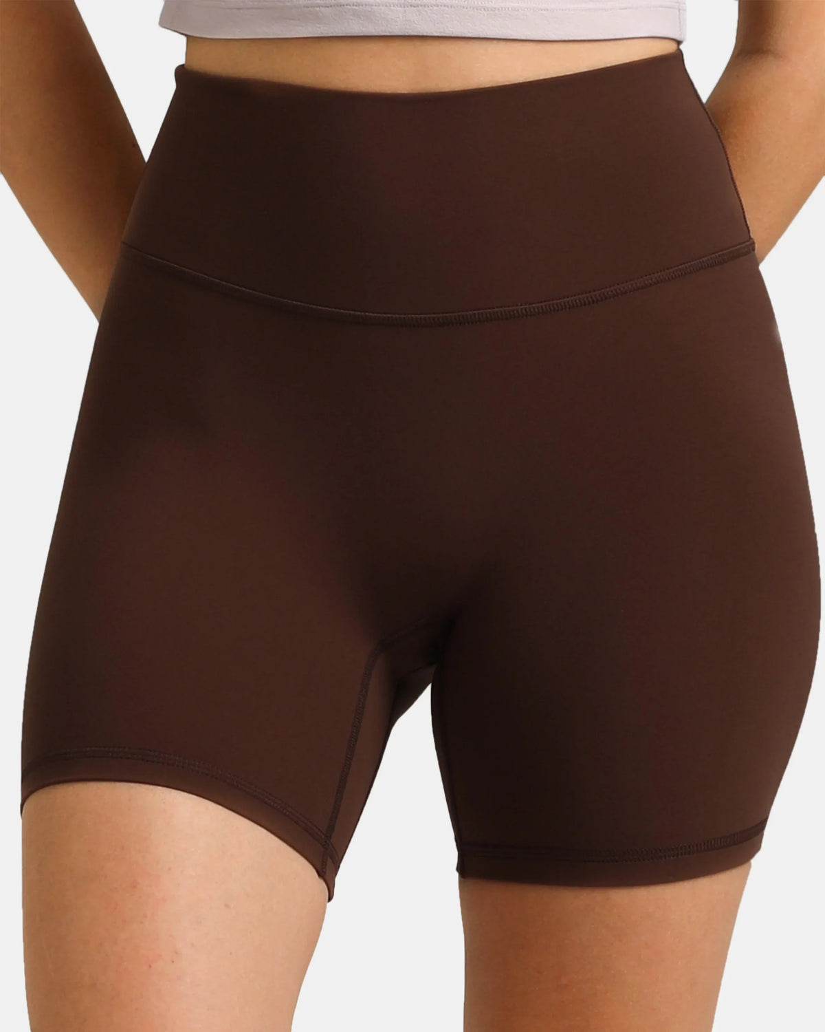 Dreamlux® High Waisted No Front Seam 6" Workout Short — Roasted Chestnut