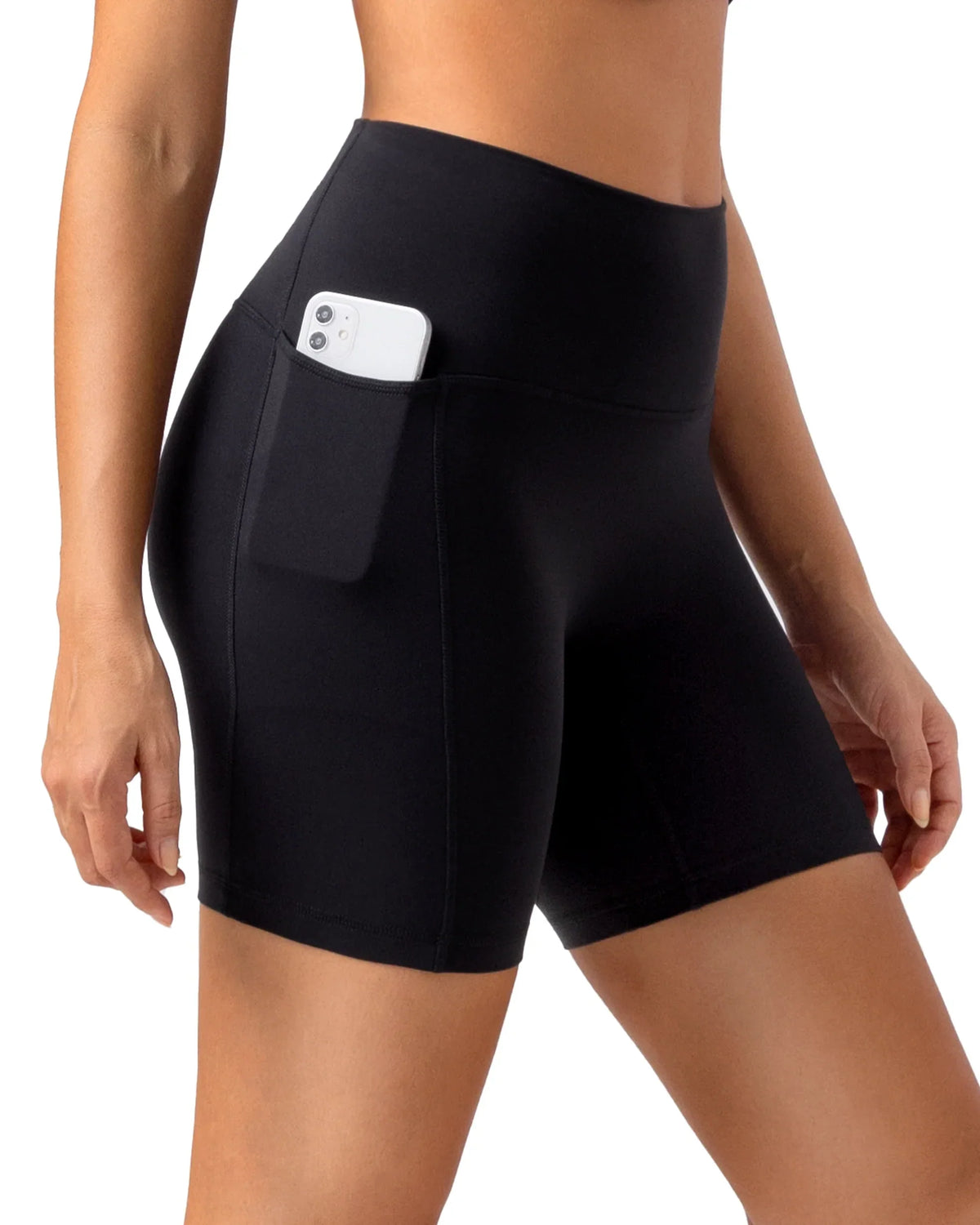Dreamlux® High Waisted No Front Seam 6" Biker Short w/ Pockets — Black
