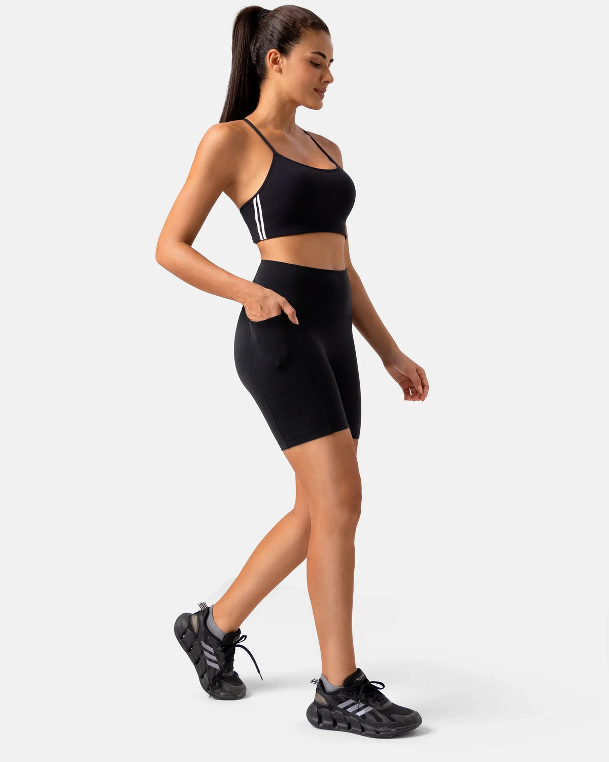 Dreamlux® High Waisted No Front Seam 6" Biker Short w/ Pockets — Black