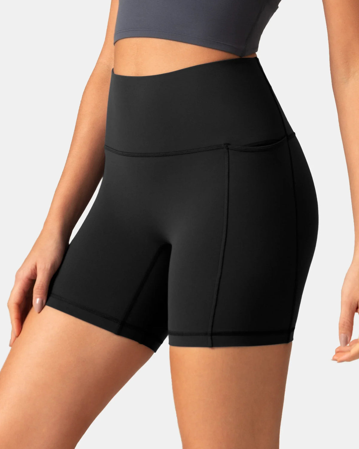 Dreamlux® High Waisted No Front Seam 6" Biker Short w/ Pockets — Black