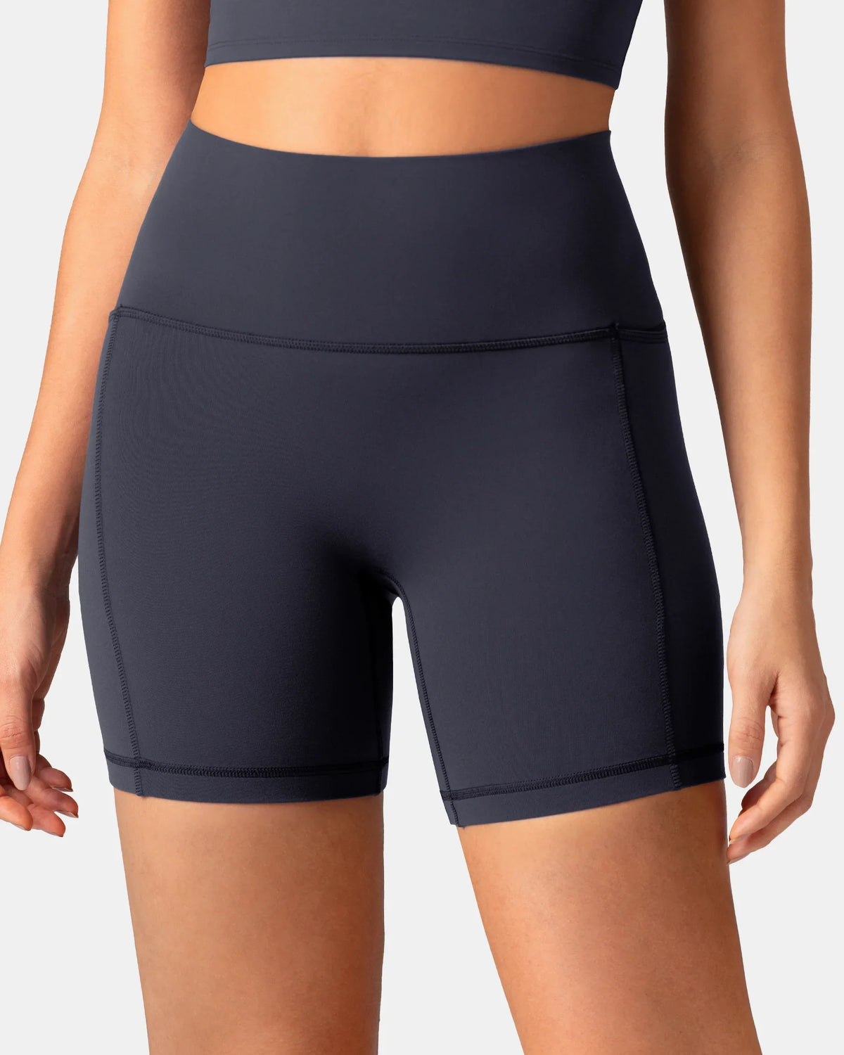 Dreamlux® High Waisted No Front Seam 6" Biker Short w/ Pockets — Blue Ink