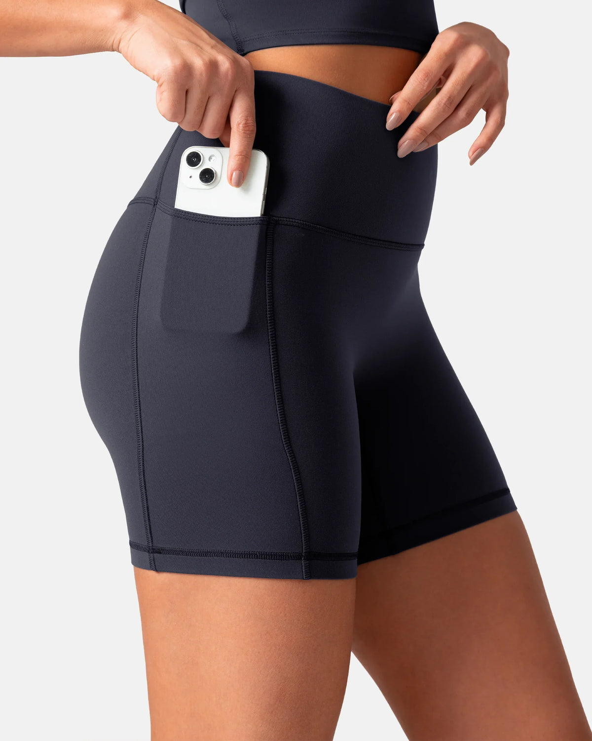 Dreamlux® High Waisted No Front Seam 6" Biker Short w/ Pockets — Blue Ink