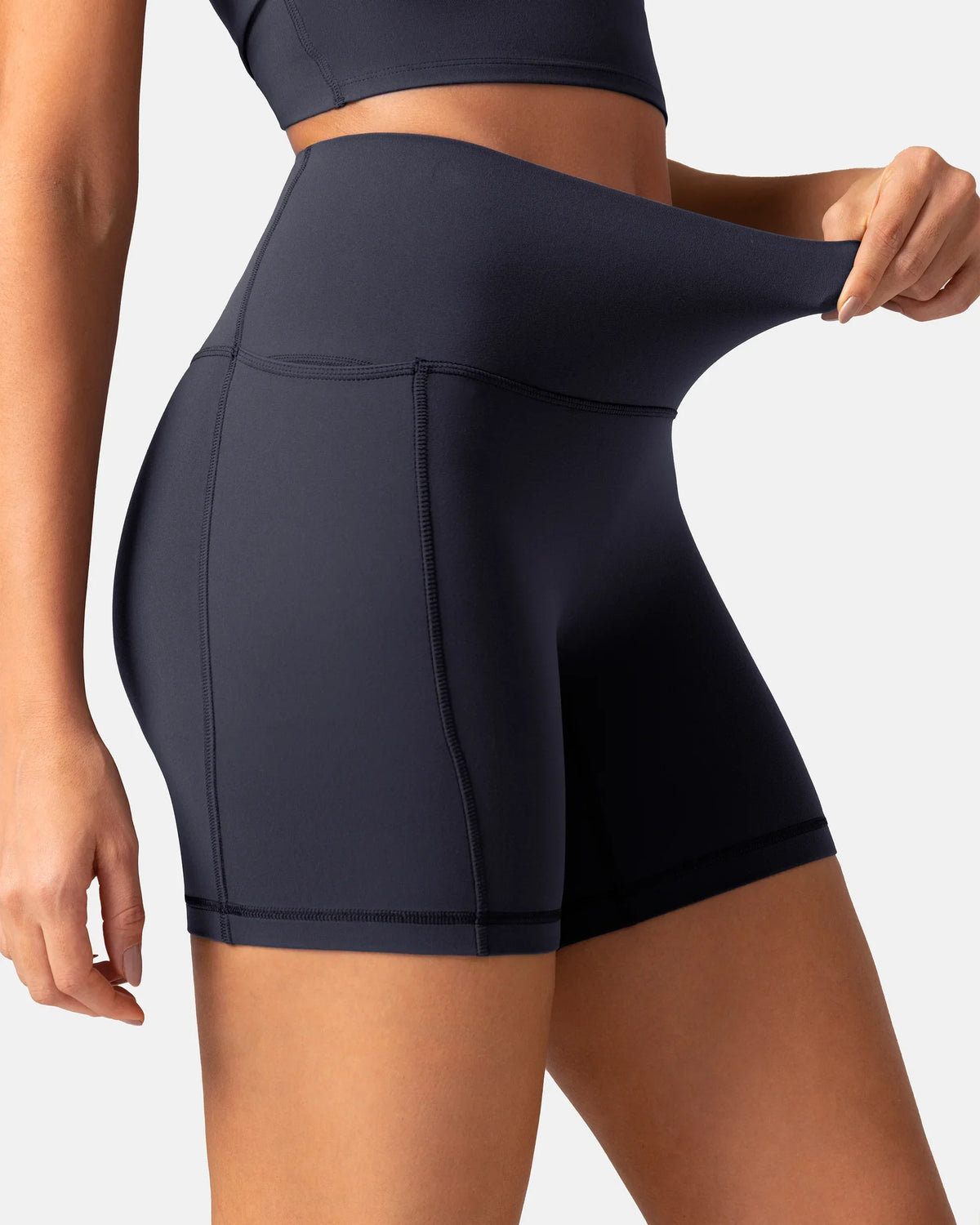 Dreamlux® High Waisted No Front Seam 6" Biker Short w/ Pockets — Blue Ink