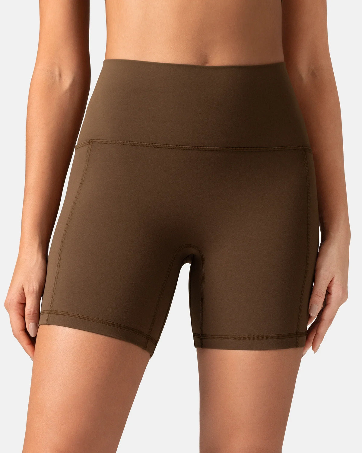 Dreamlux® High Waisted No Front Seam 6" Biker Short w/ Pockets — Cocoa