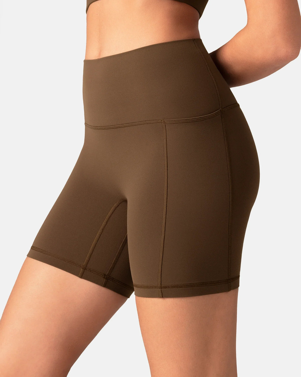 Dreamlux® High Waisted No Front Seam 6" Biker Short w/ Pockets — Cocoa
