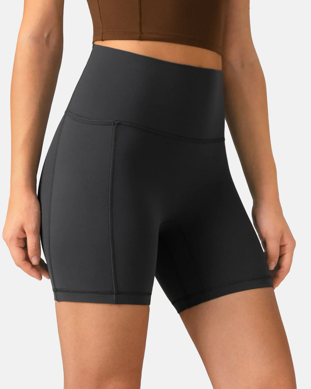 Dreamlux® High Waisted No Front Seam 6" Biker Short w/ Pockets — Dark Carbon
