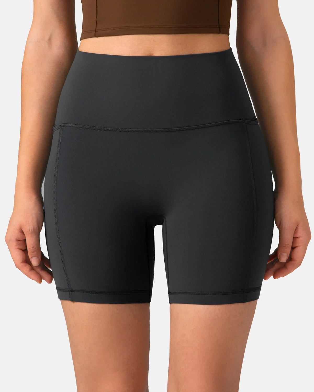 Dreamlux® High Waisted No Front Seam 6" Biker Short w/ Pockets — Dark Carbon