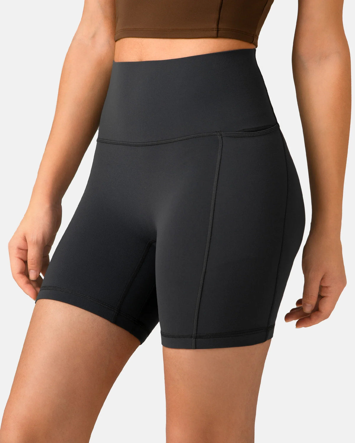 Dreamlux® High Waisted No Front Seam 6" Biker Short w/ Pockets — Dark Carbon