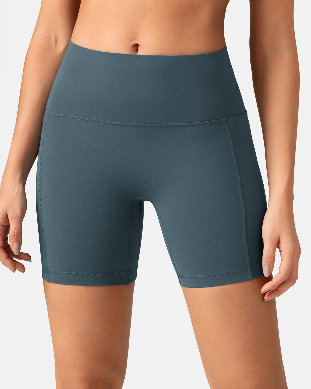Dreamlux® High Waisted No Front Seam 6" Biker Short w/ Pockets — Dark Jasper