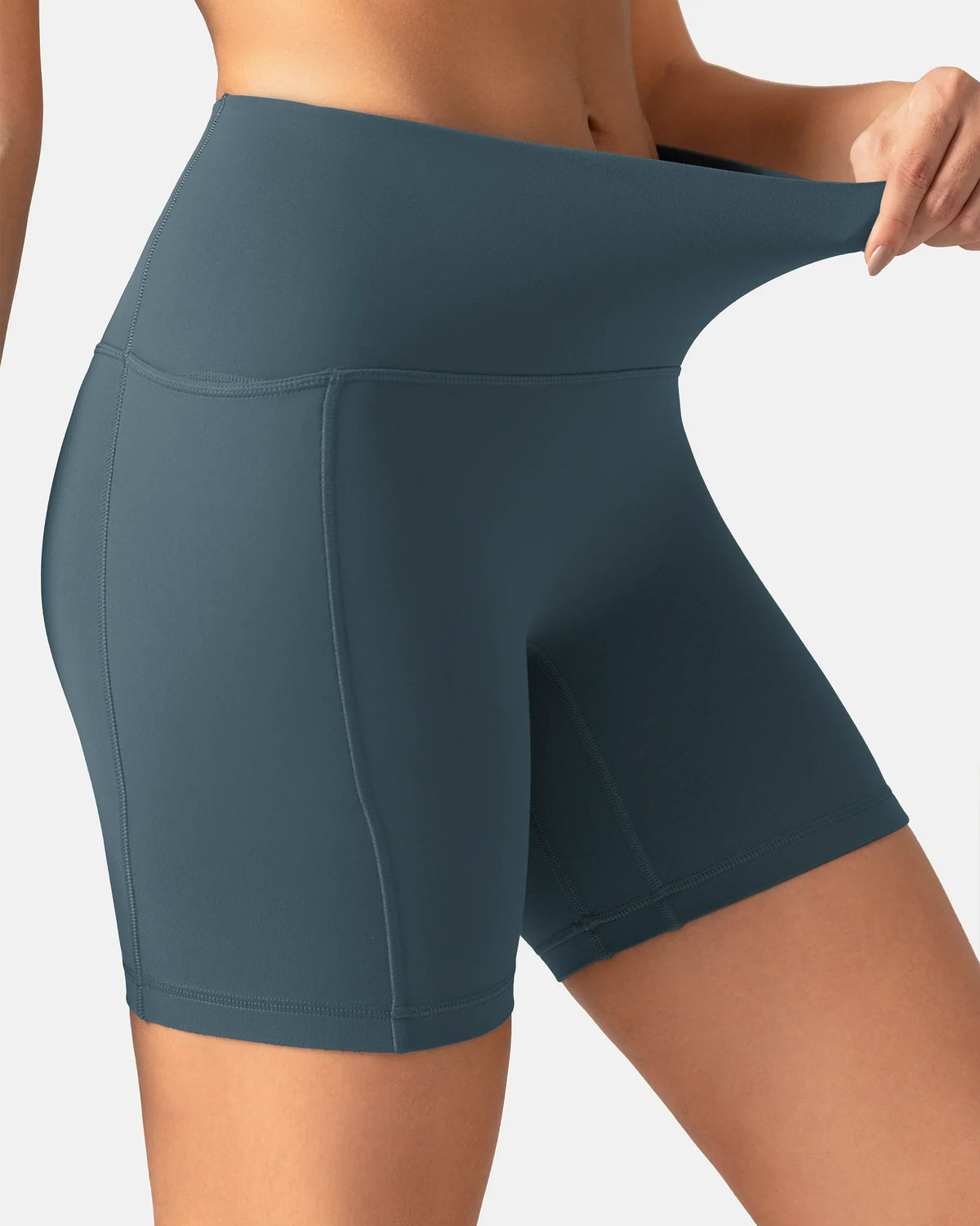 Dreamlux® High Waisted No Front Seam 6" Biker Short w/ Pockets — Dark Jasper