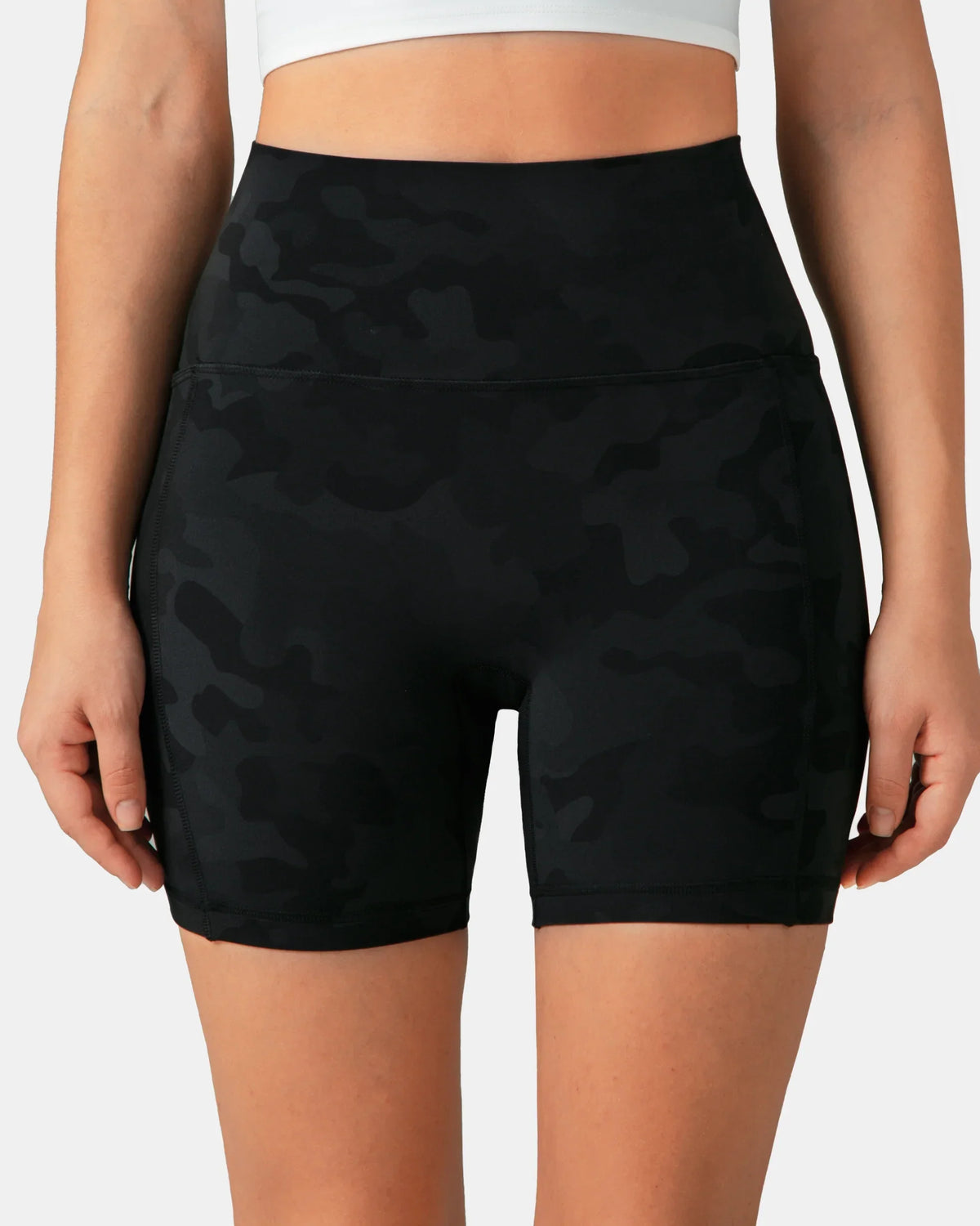 Dreamlux® High Waisted No Front Seam 6" Biker Short w/ Pockets — Grey Camouflage