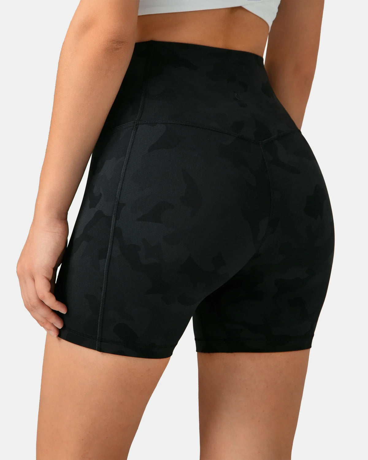 Dreamlux® High Waisted No Front Seam 6" Biker Short w/ Pockets — Grey Camouflage