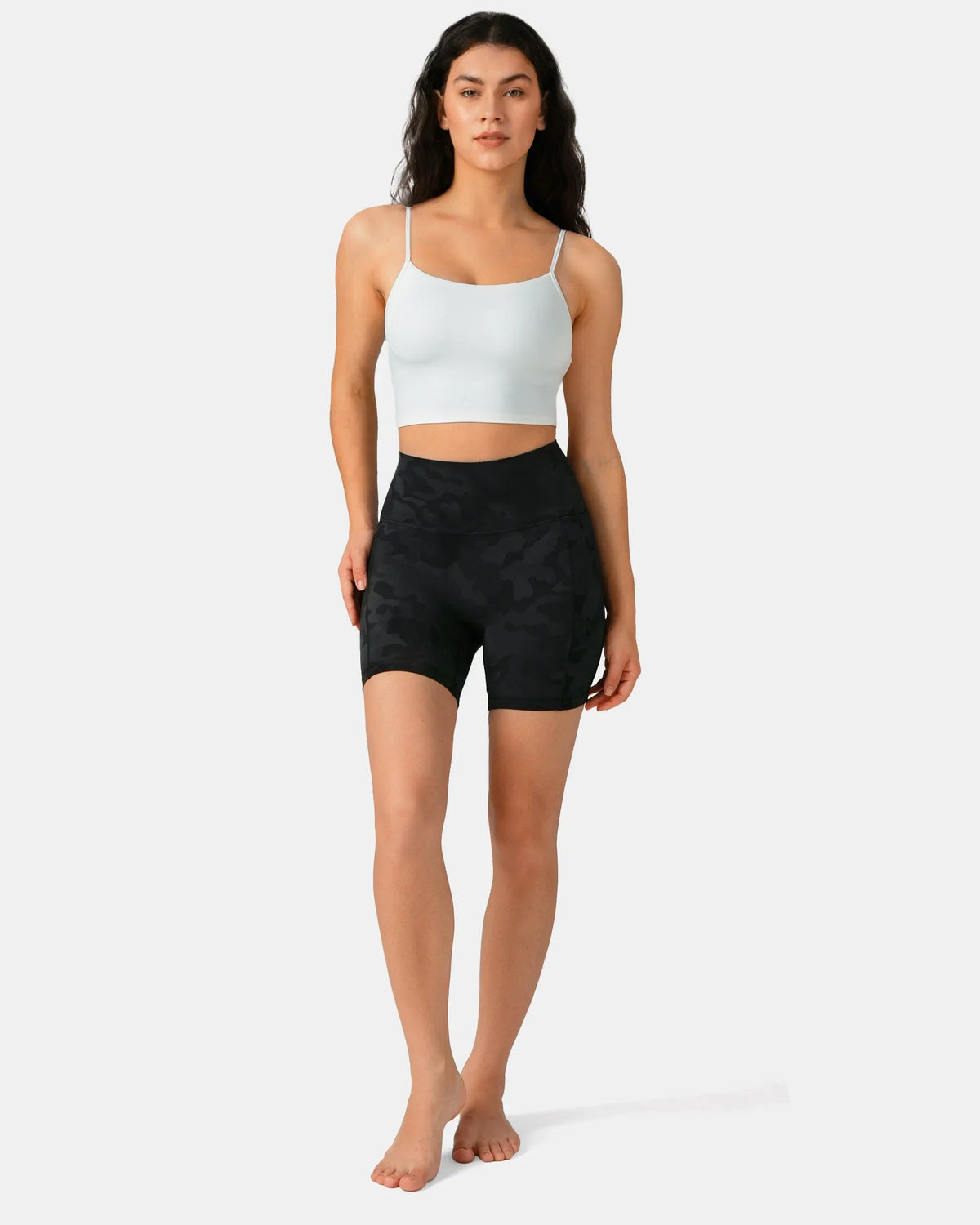 Dreamlux® High Waisted No Front Seam 6" Biker Short w/ Pockets — Grey Camouflage