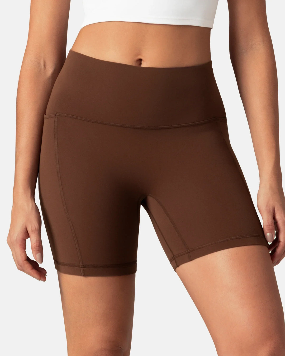 Dreamlux® High Waisted No Front Seam 6" Biker Short w/ Pockets — Roasted Chestnut
