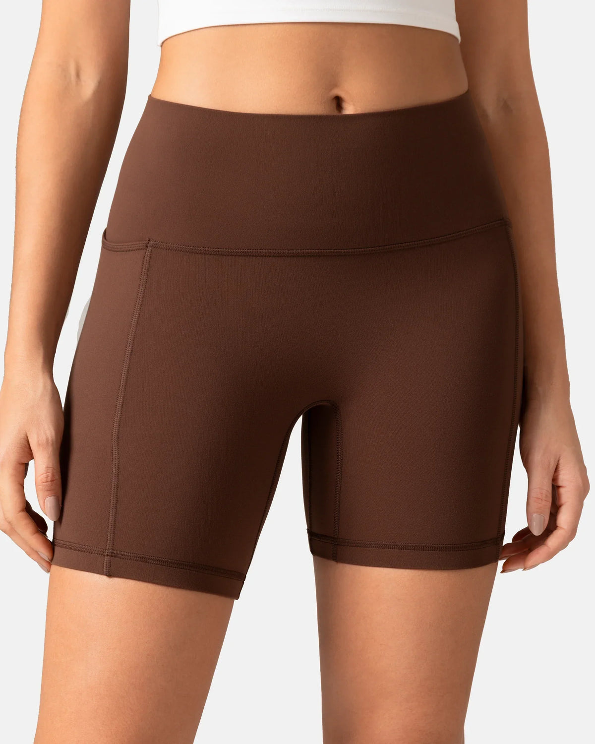 Dreamlux® High Waisted No Front Seam 6" Biker Short w/ Pockets — Roasted Chestnut
