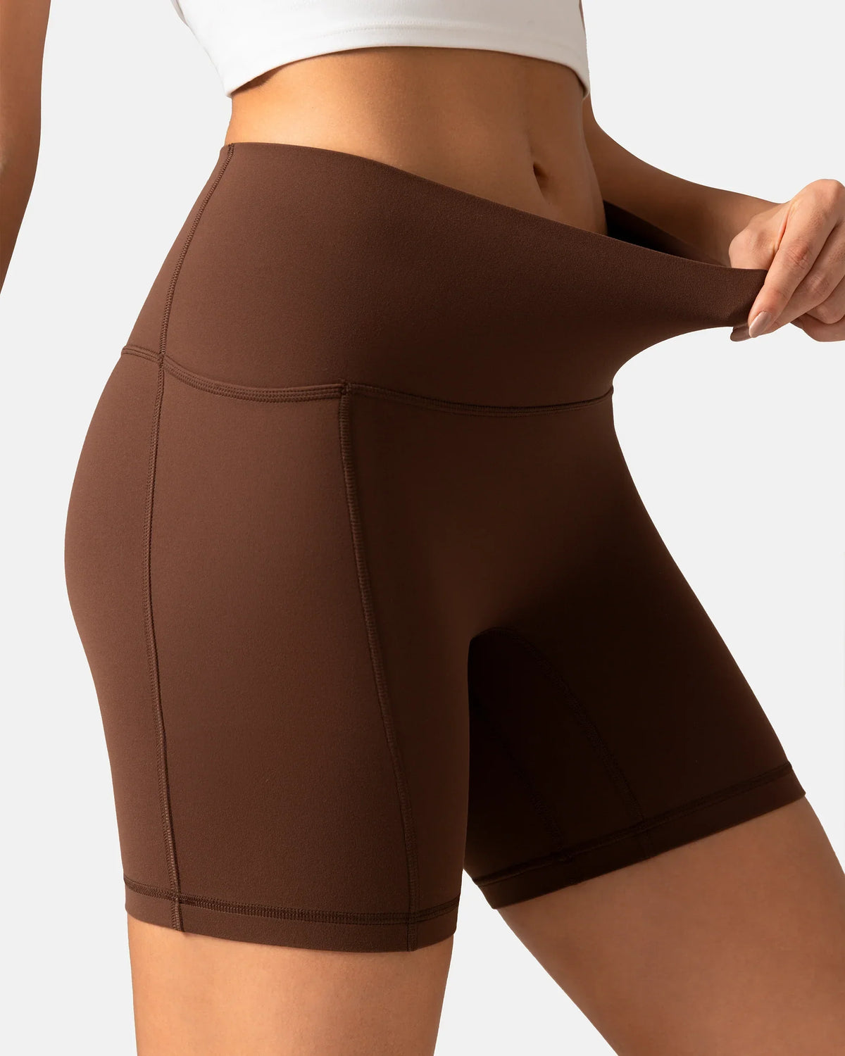 Dreamlux® High Waisted No Front Seam 6" Biker Short w/ Pockets — Roasted Chestnut
