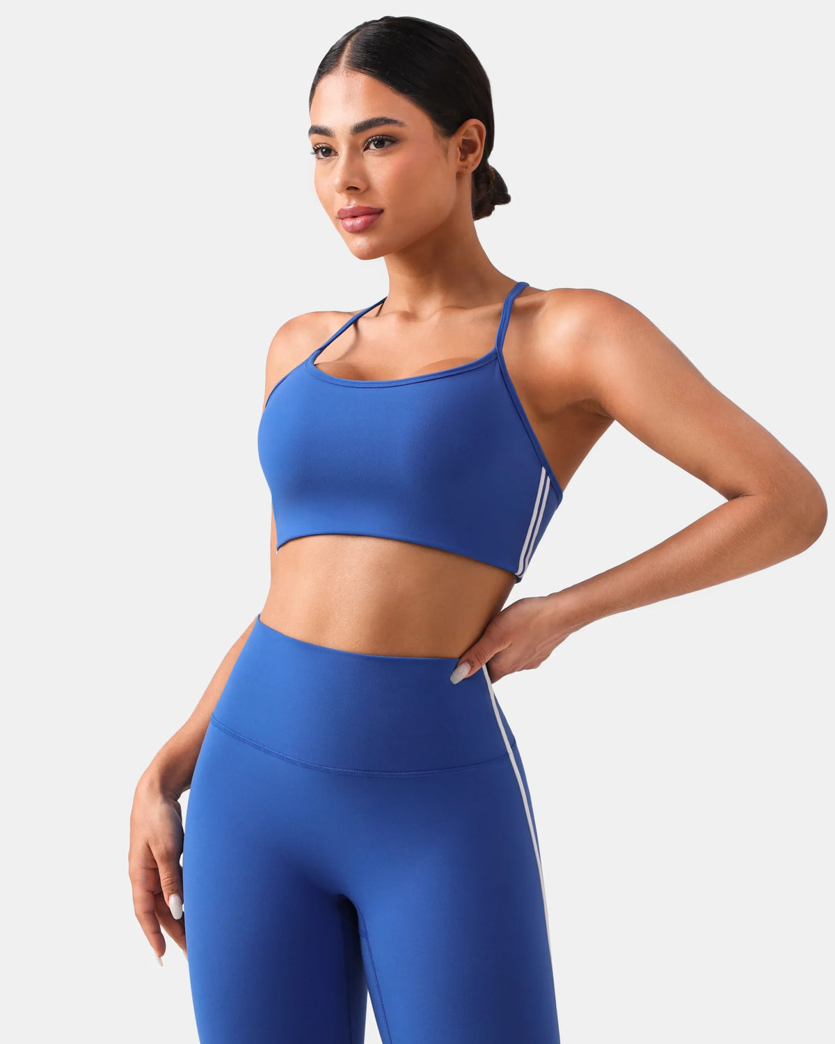 Dreamlux® Y-Back Adjustable Sports Bra w/ Side Stripes — Baleine Blue