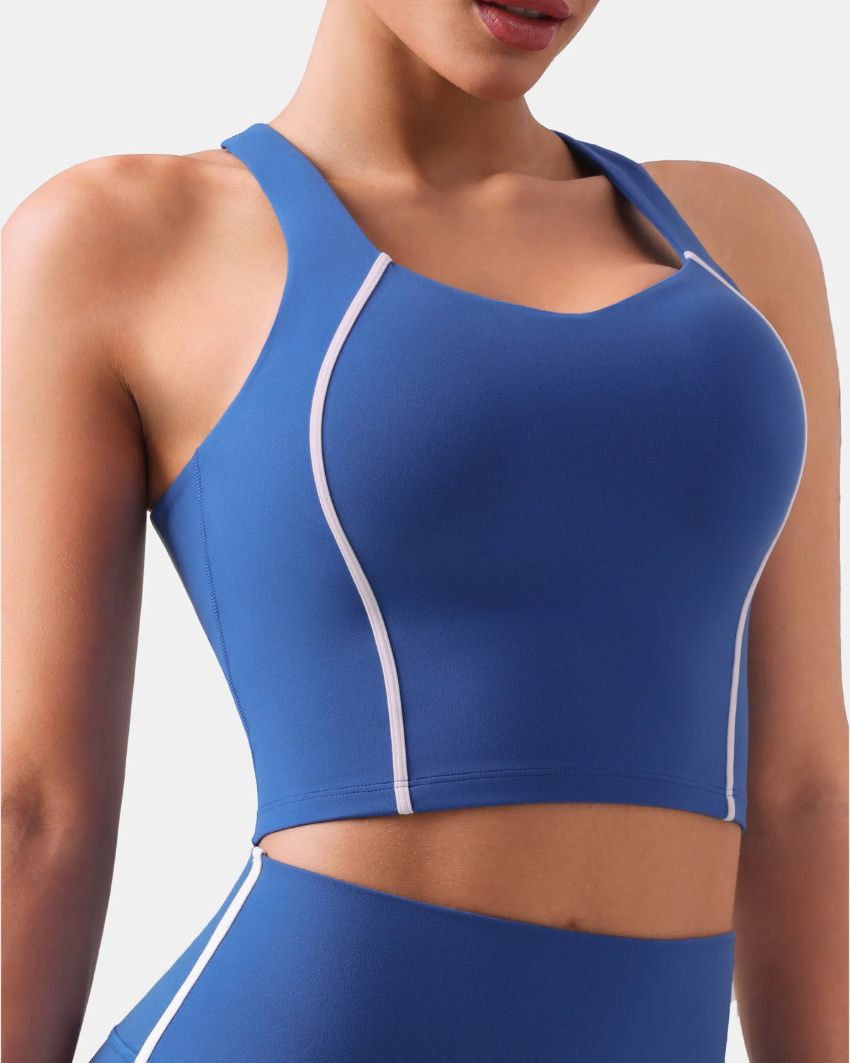 Dreamlux® Cropped Racerback Tank Top w/ Contrast Stripes — Baleine Blue