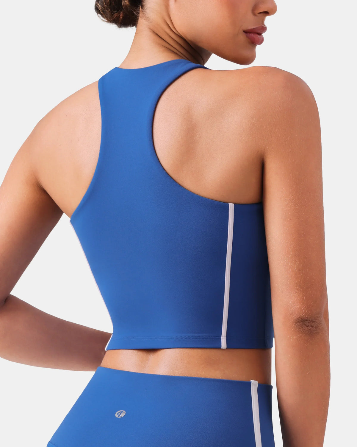 Dreamlux® Cropped Racerback Tank Top w/ Contrast Stripes — Baleine Blue