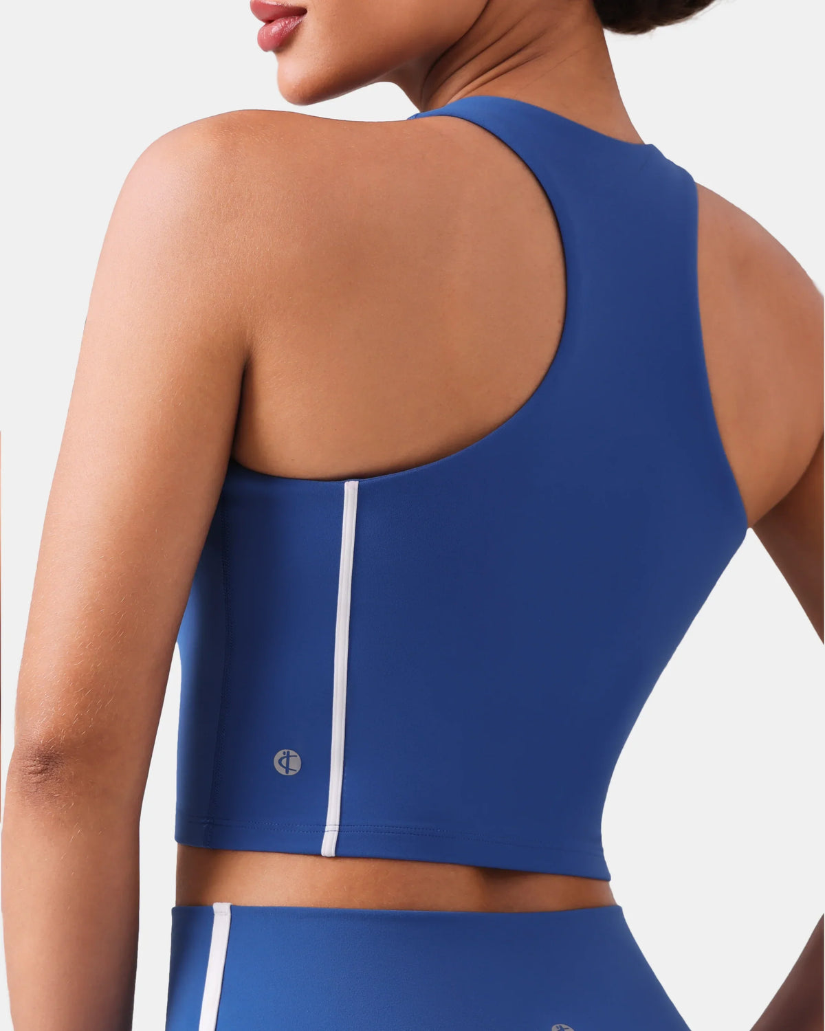 Dreamlux® Cropped Racerback Tank Top w/ Contrast Stripes — Baleine Blue