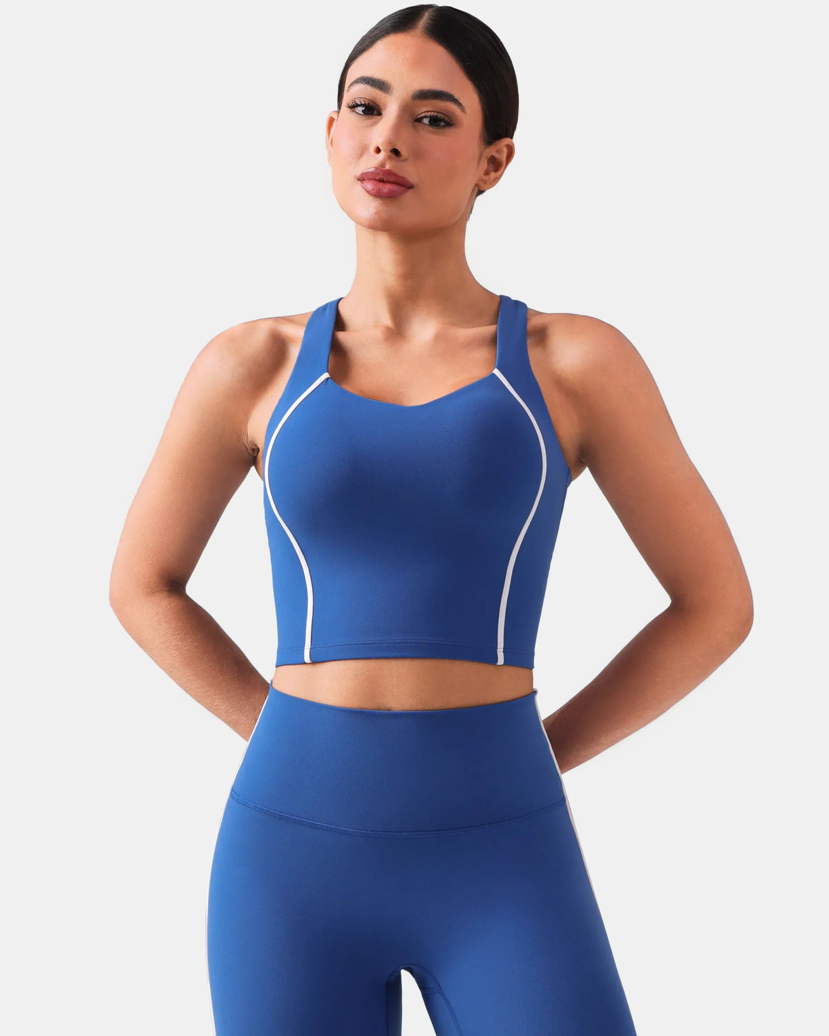 Dreamlux® Cropped Racerback Tank Top w/ Contrast Stripes — Baleine Blue