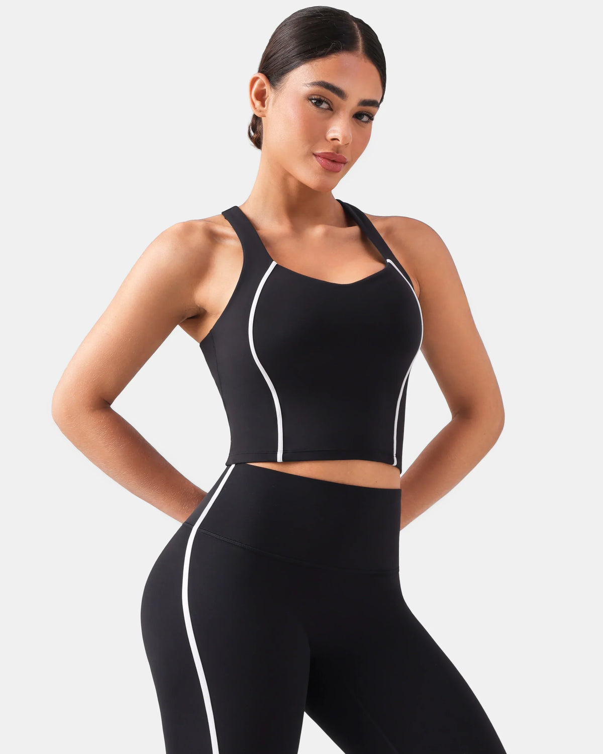 Dreamlux® Cropped Racerback Tank Top w/ Contrast Stripes — Black