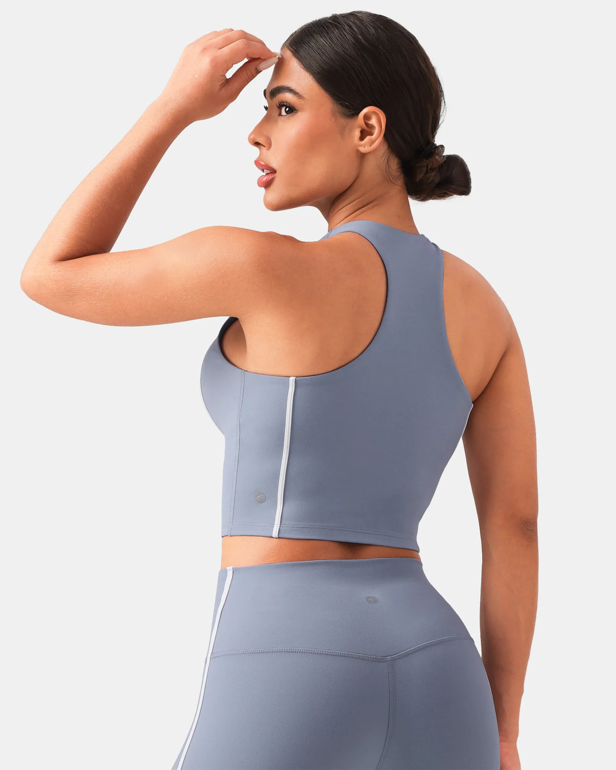 Dreamlux® Cropped Racerback Tank Top w/ Contrast Stripes — Chambray