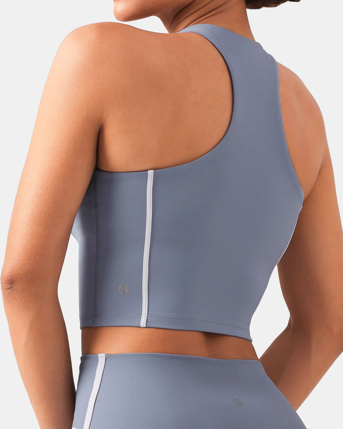 Dreamlux® Cropped Racerback Tank Top w/ Contrast Stripes — Chambray
