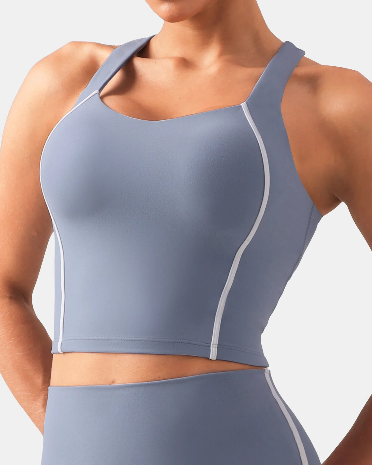 Dreamlux® Cropped Racerback Tank Top w/ Contrast Stripes — Chambray